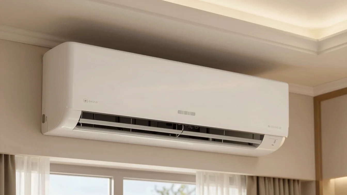 Close-up of a modern, sleek air conditioning unit in a hotel room