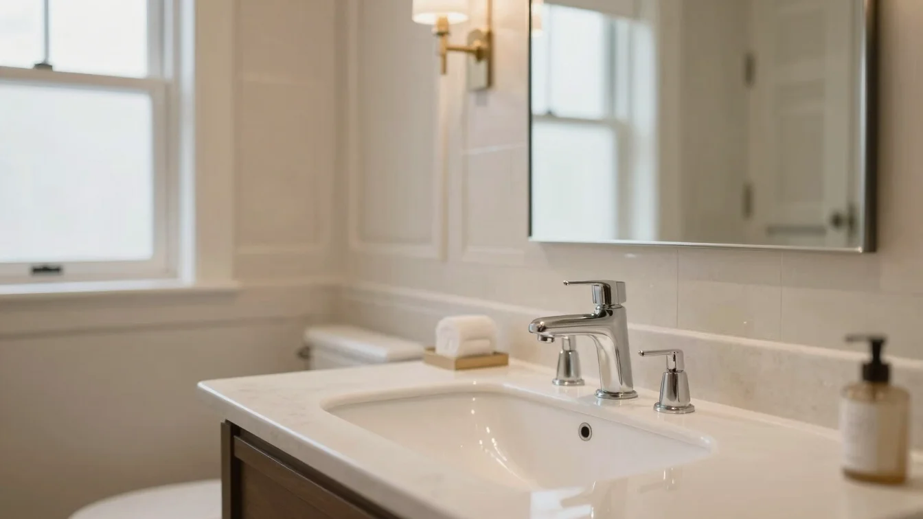 Clean, elegant hotel bathroom with a white sink and modern faucet