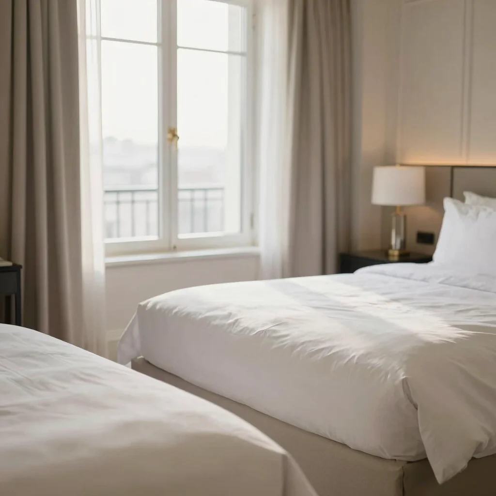 Freshly styled Double Bed Room interior with crisp white linens, sun streaming through a large window, elegant ivory neu