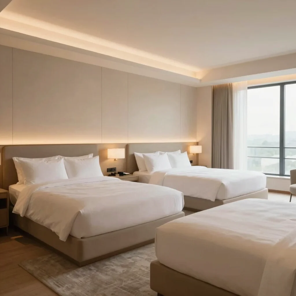 Spacious Four Bed Room interior, two double beds, warm ambient lighting, clean architectural lines, elegant ivory neutra