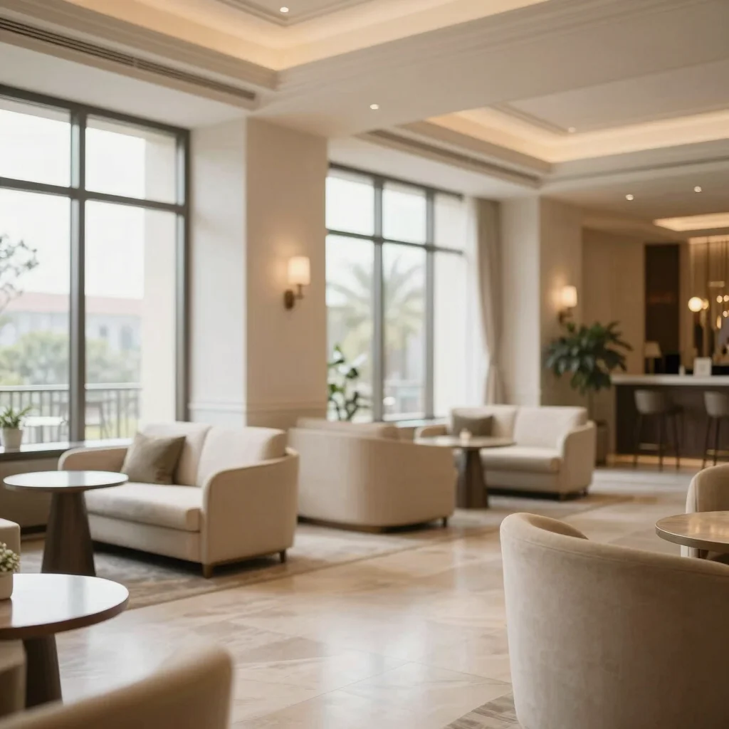 Sunlit hotel lobby with comfortable seating, clean architectural details, soft warm natural window light, elegant ivory