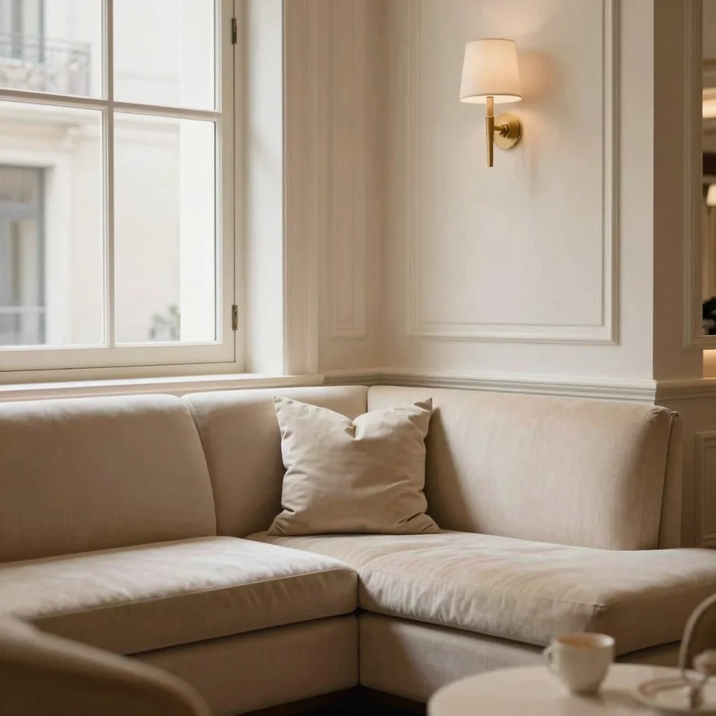 Elegant facility corner, possibly a quiet lounge or reading nook, soft warm natural window light, refined decor, elegant