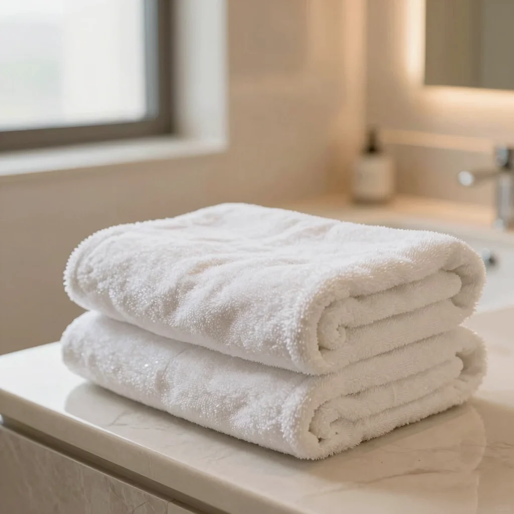 Close-up of hotel amenities in a bathroom, plush towels, clean surfaces, gentle ambient light, elegant ivory neutral ton