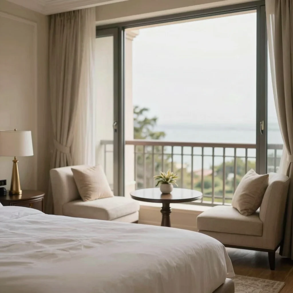 Wide shot of a guest room balcony overlooking a serene view, comfortable outdoor seating, soft natural light, elegant iv